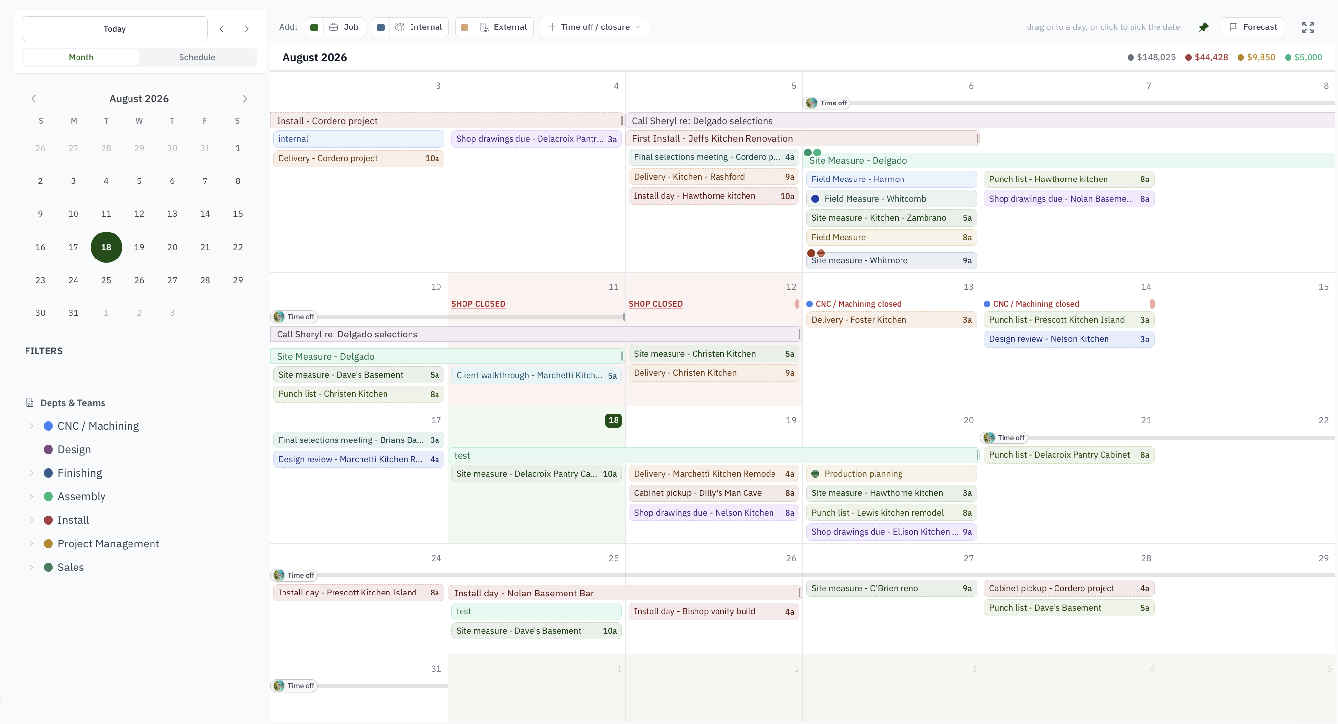 The Woodsystems month calendar with job and company events