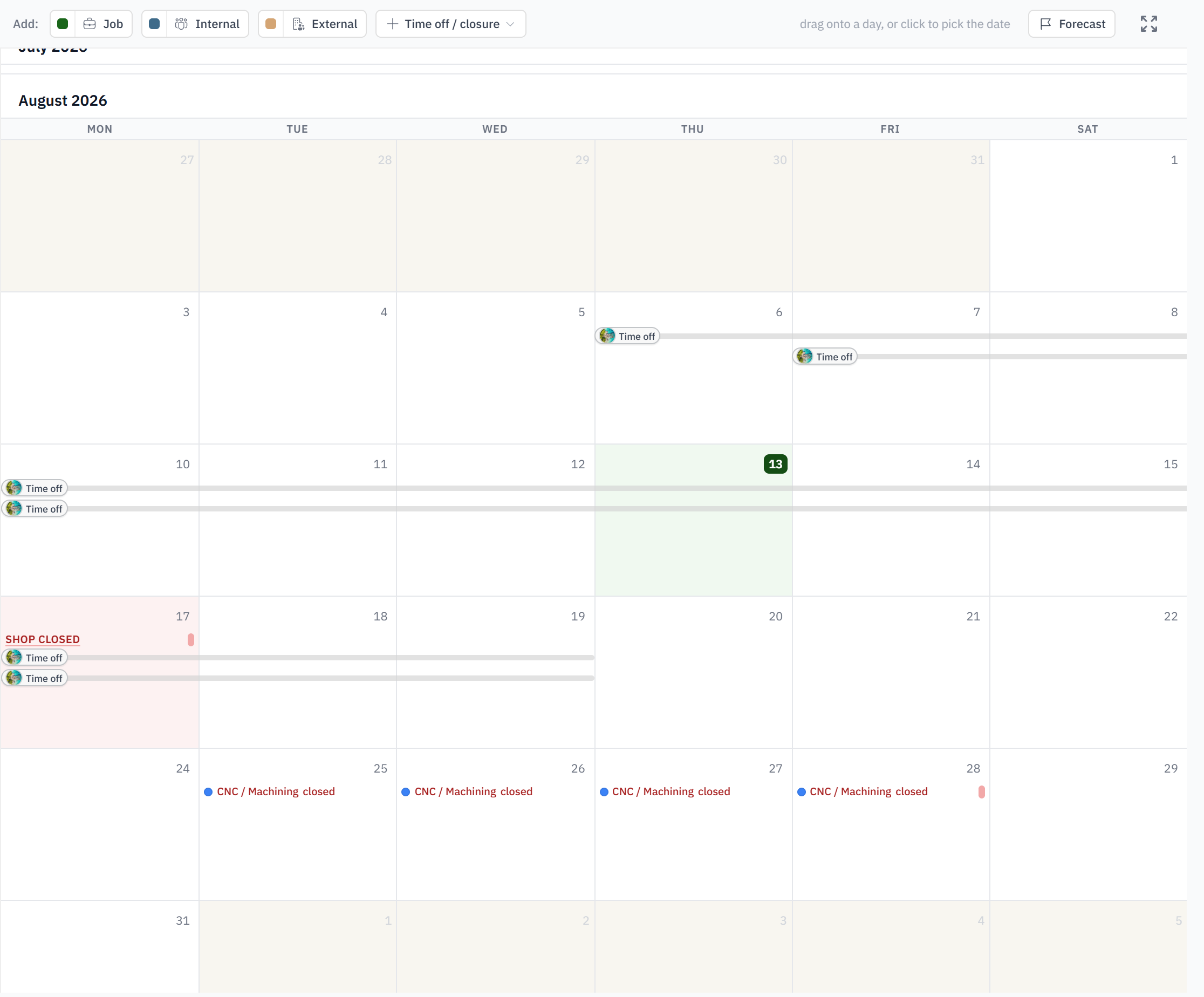 The month calendar carrying scheduled work, time off and job start markers together.