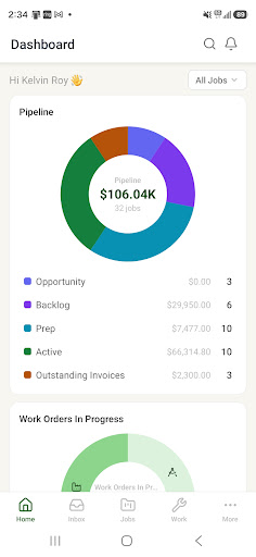 Woodsystems mobile dashboard with pipeline and work in progress