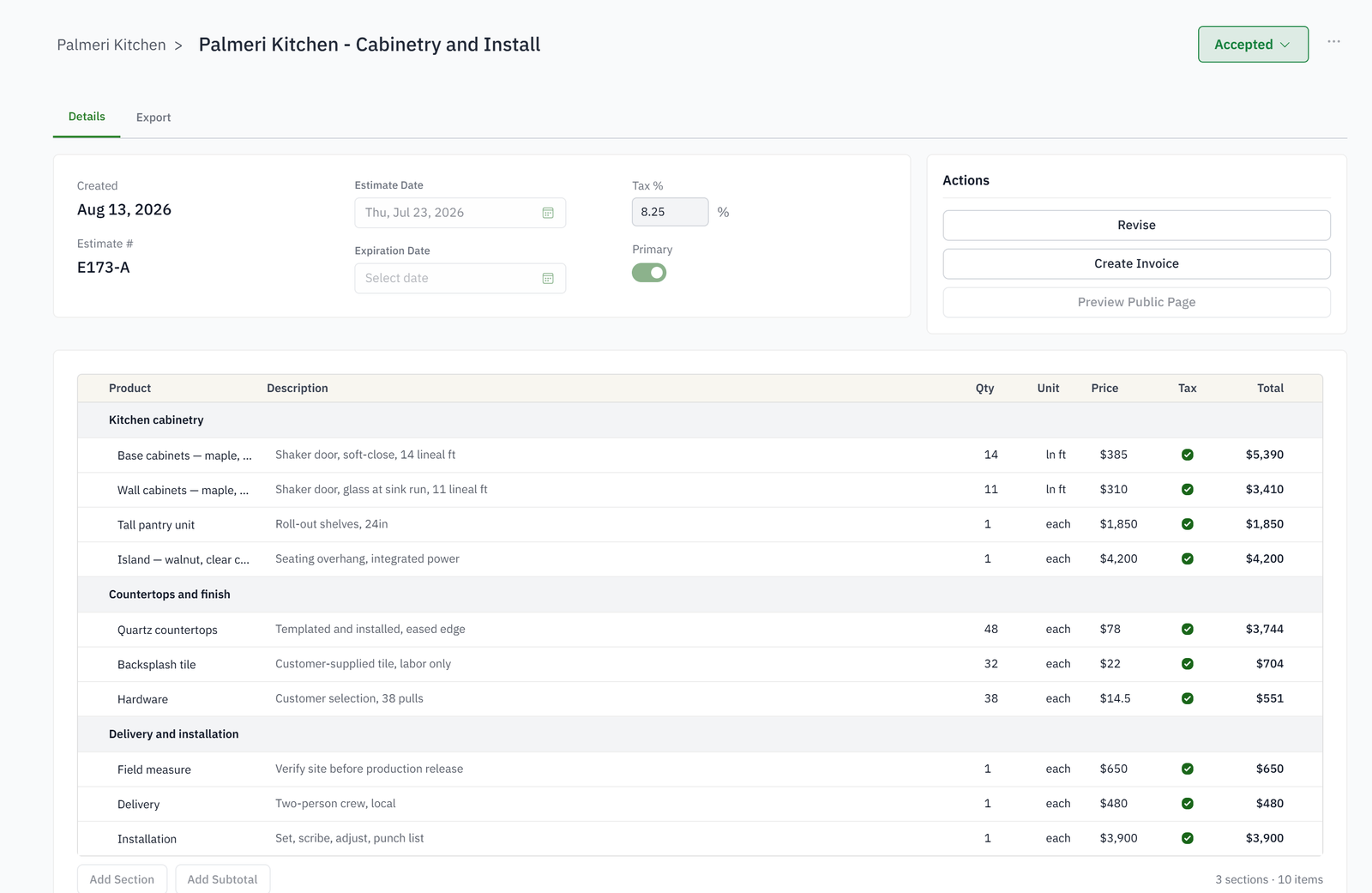 An estimate built in sections, with line items, quantities, unit prices and per-line tax.