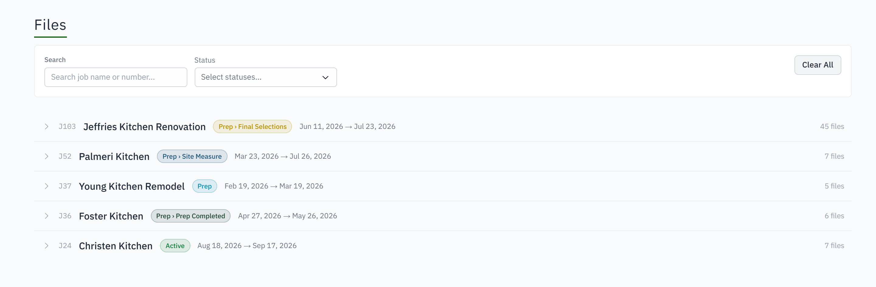 Files across every job, each job showing its stage, dates and how many files it carries.