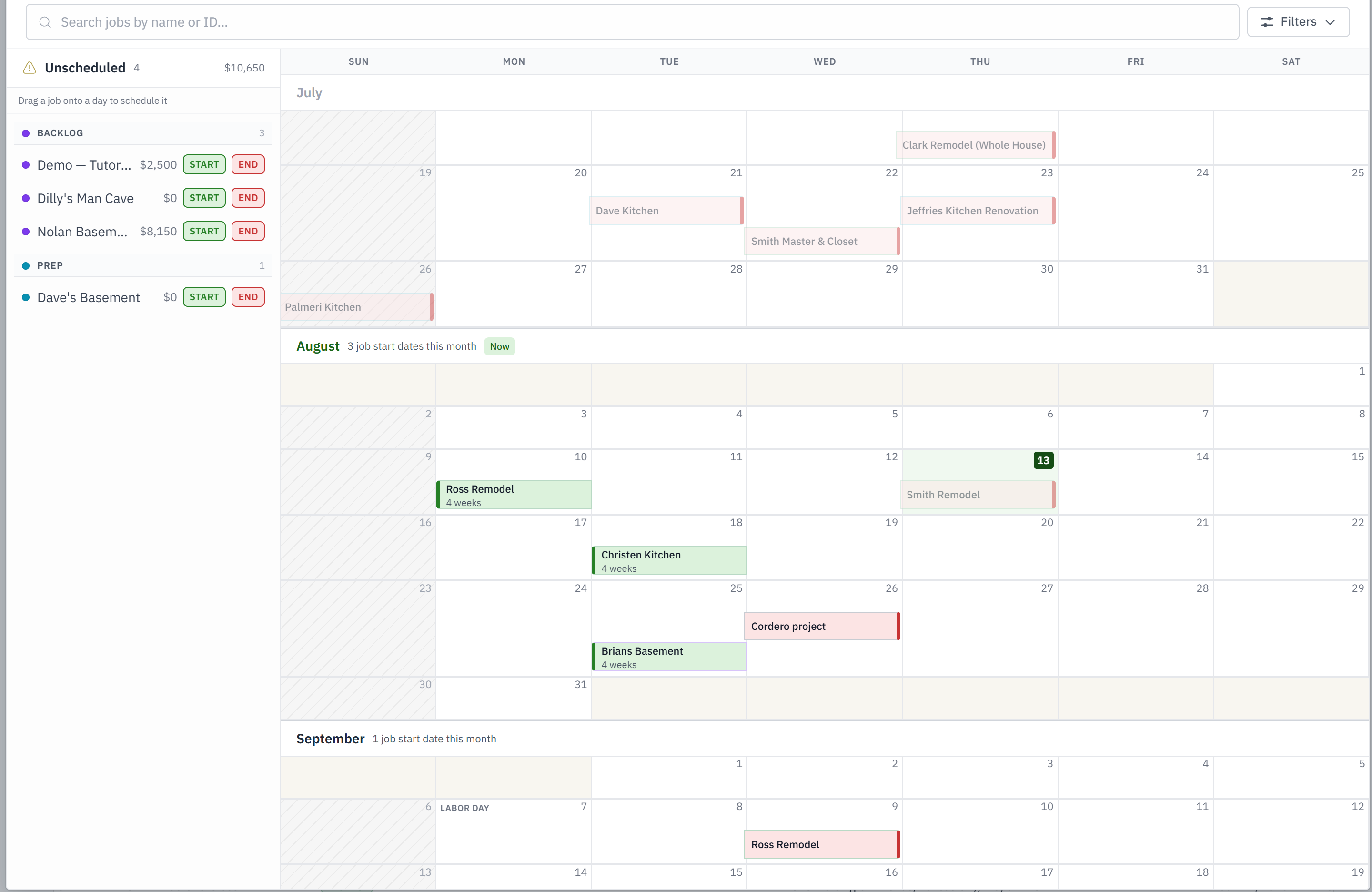 The job forecast: every project across the months, with unscheduled work in a rail you drag onto a day.