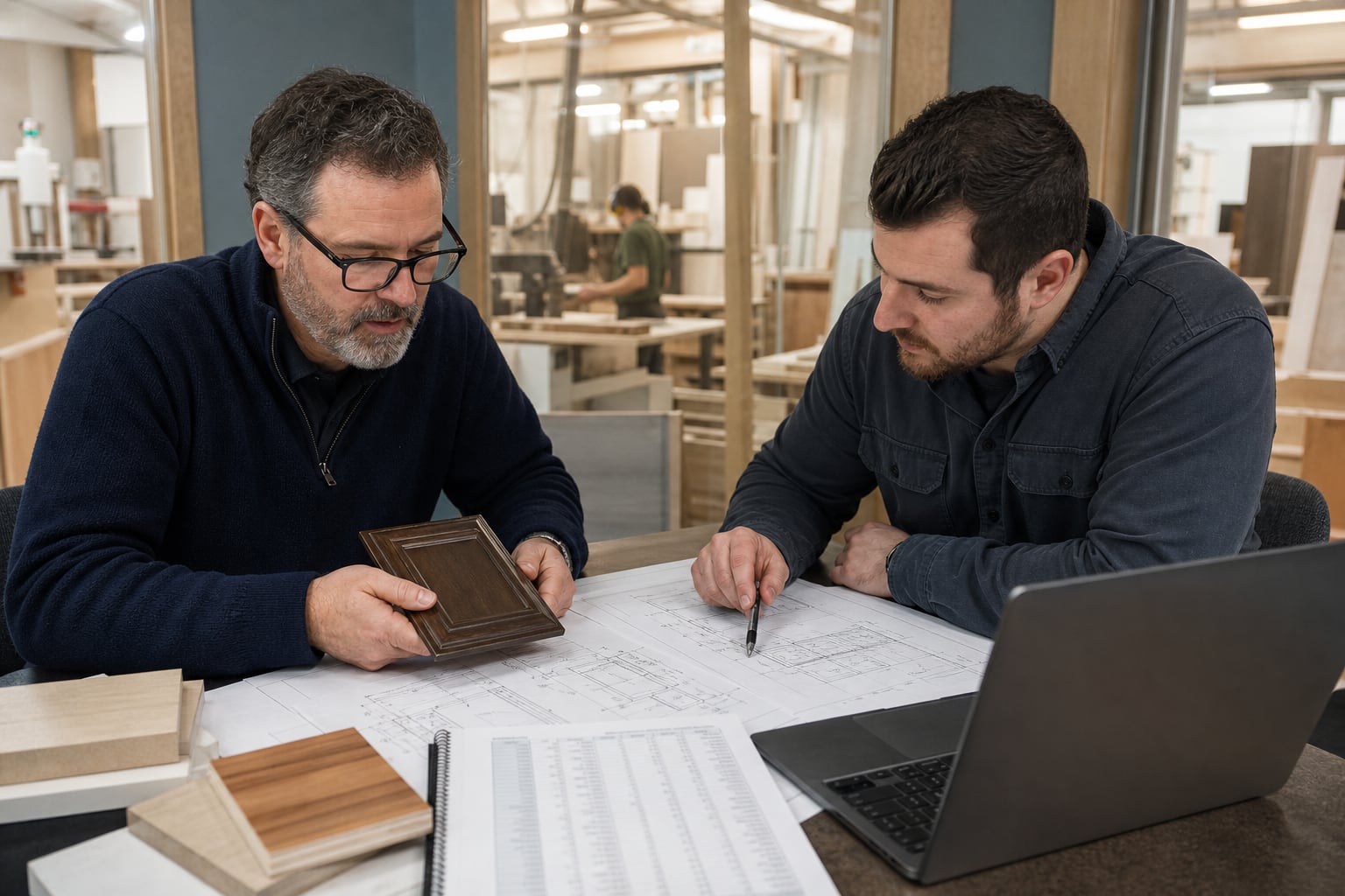 A cabinet shop project manager and estimator reviewing drawings and finish samples