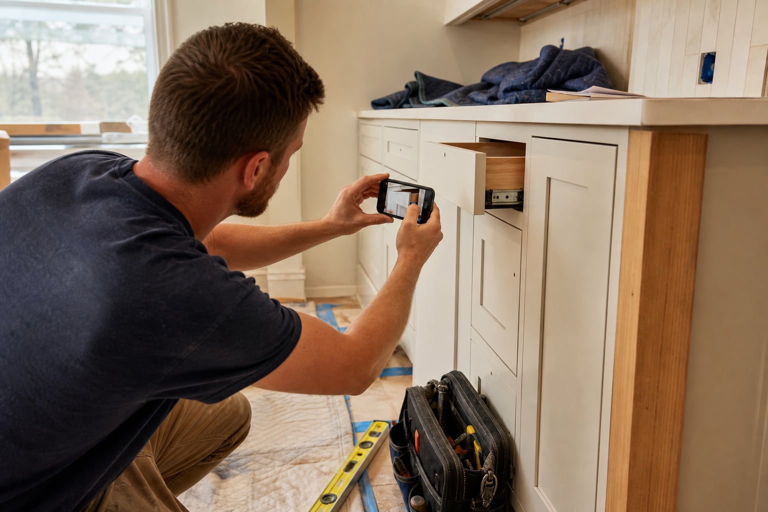 A cabinet installer photographing a drawer detail with a smartphone