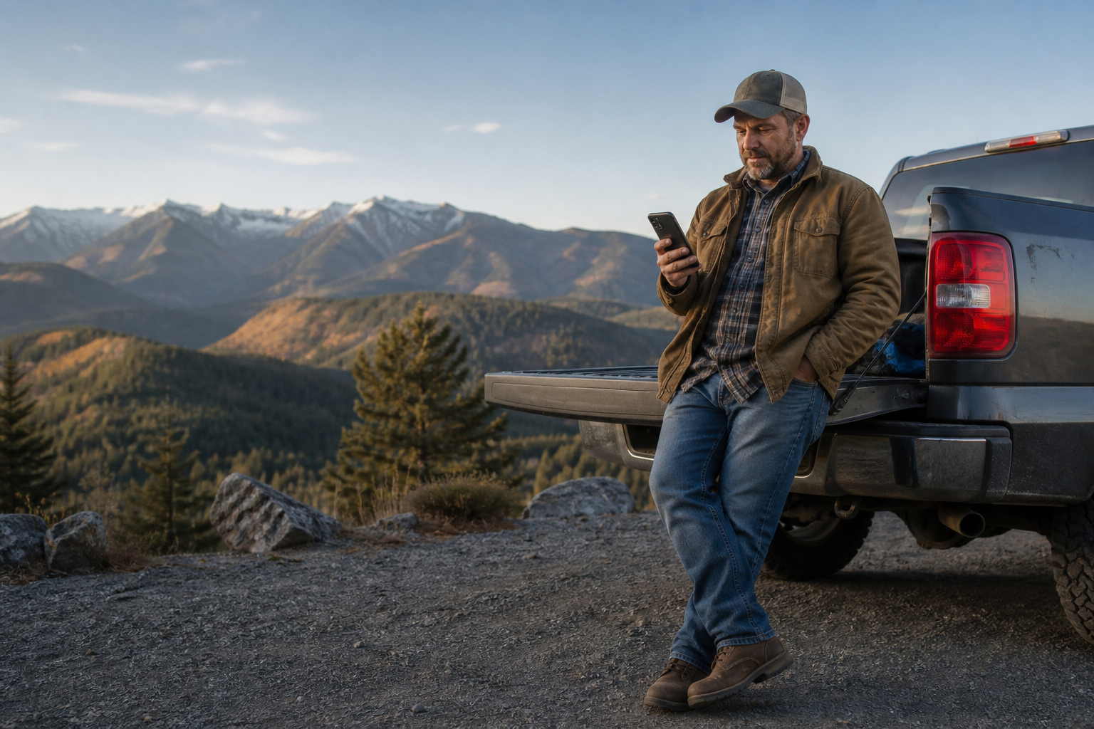 Cabinet shop owner checking his business from a mountain overlook
