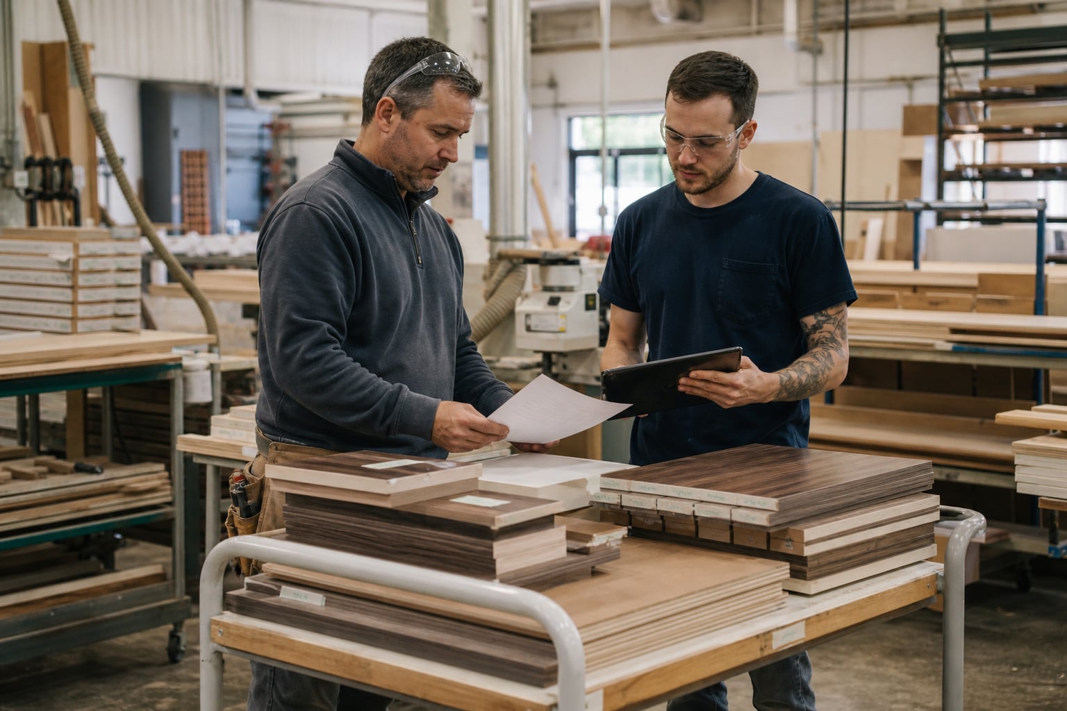A shop foreman and cabinetmaker reviewing a work order beside prepared cabinet parts