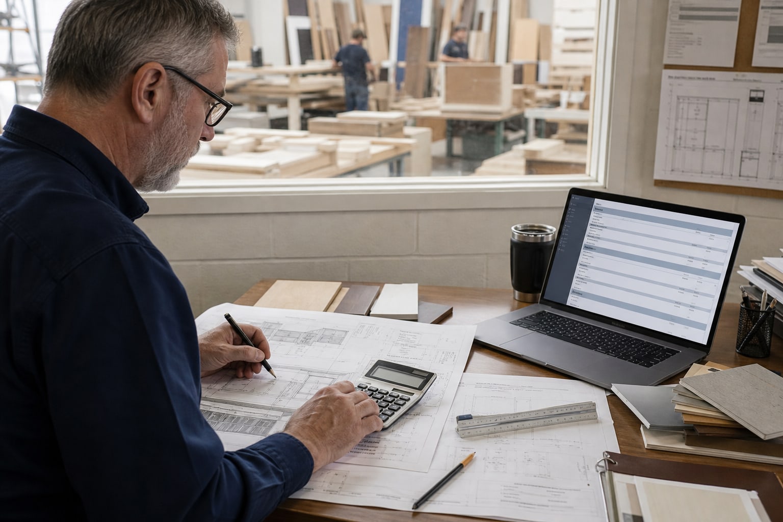 A cabinet estimator reviewing drawings, finish samples, and a sectioned estimate beside the shop