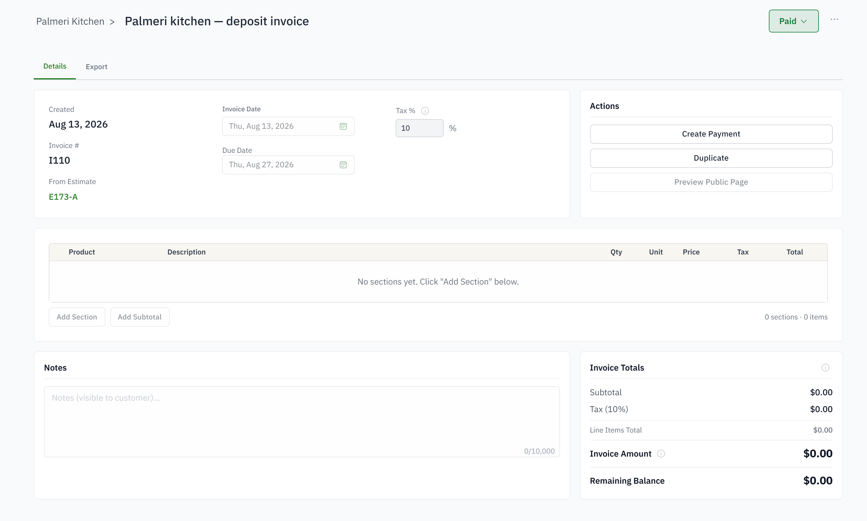 A Woodsystems invoice with billed, paid, and balance information