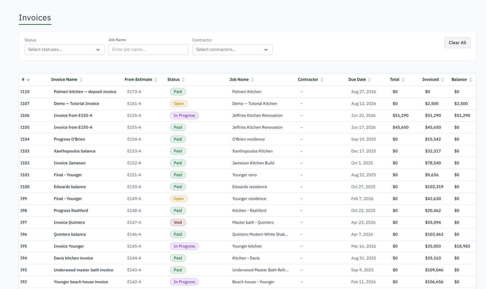 The invoices list: number, source estimate, status, due date, total and balance.
