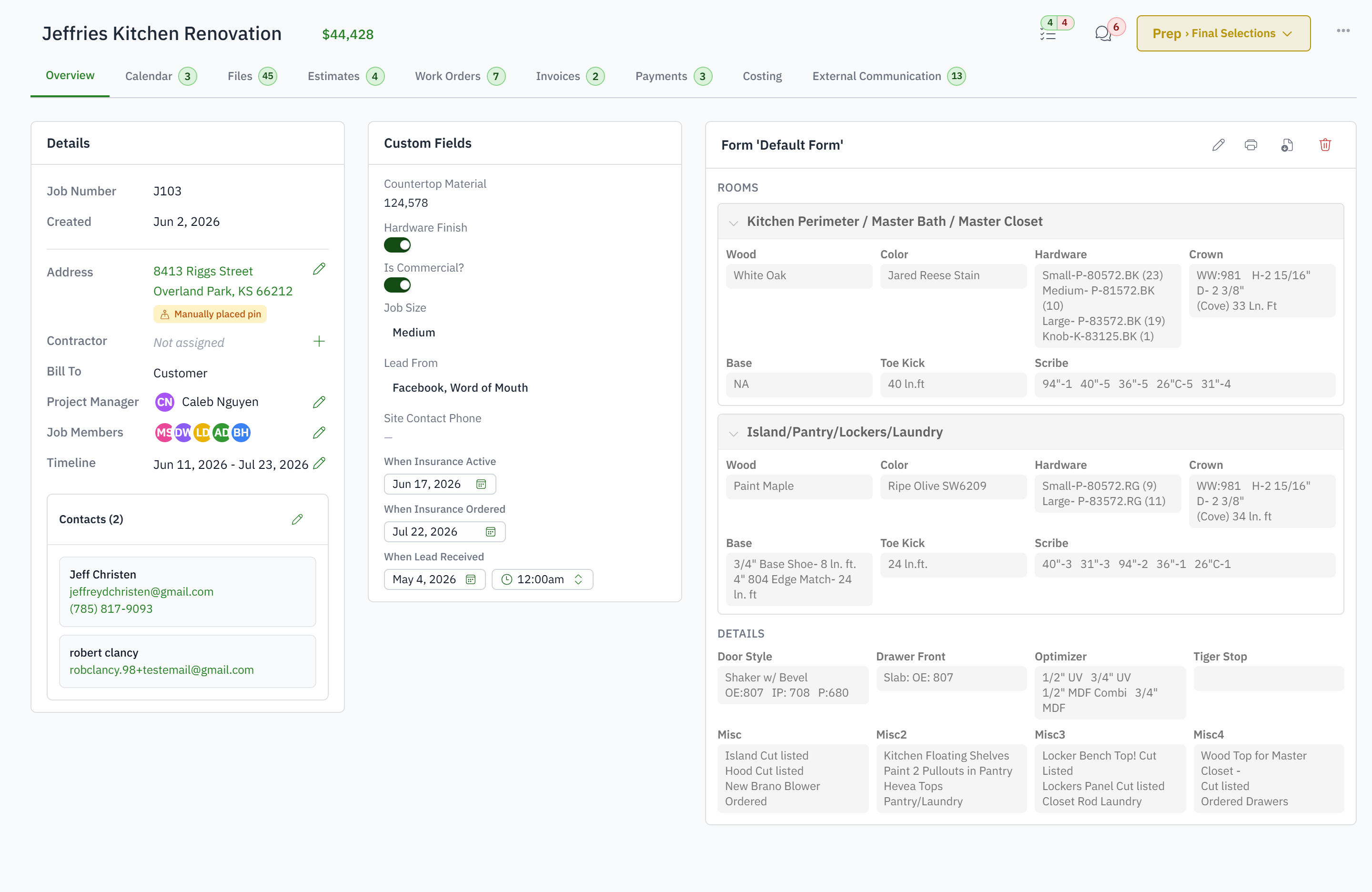 A job: its value, project manager, crew, timeline, custom fields and the room-by-room spec.