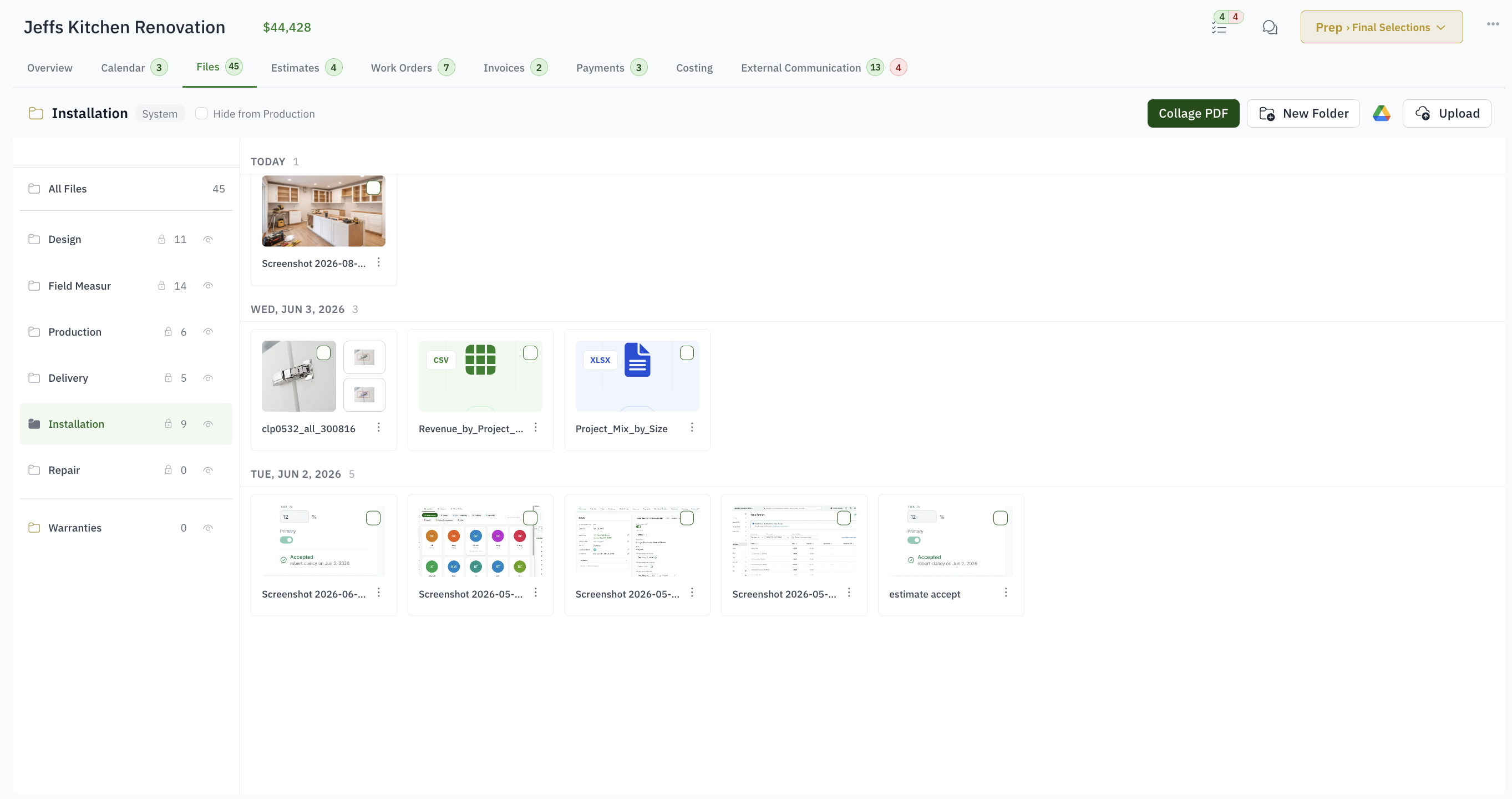 Job files arranged in folders by project stage in Woodsystems