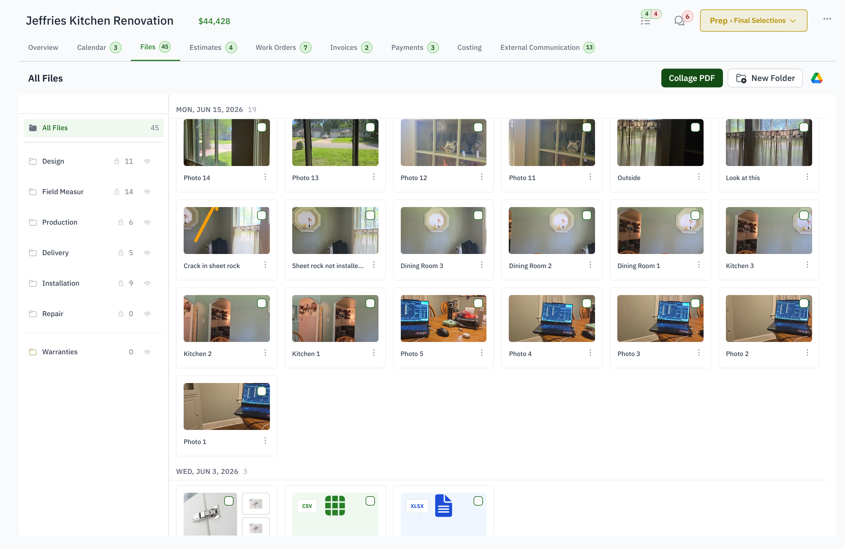 Files on a job, grouped into folders by stage, photos and documents together.