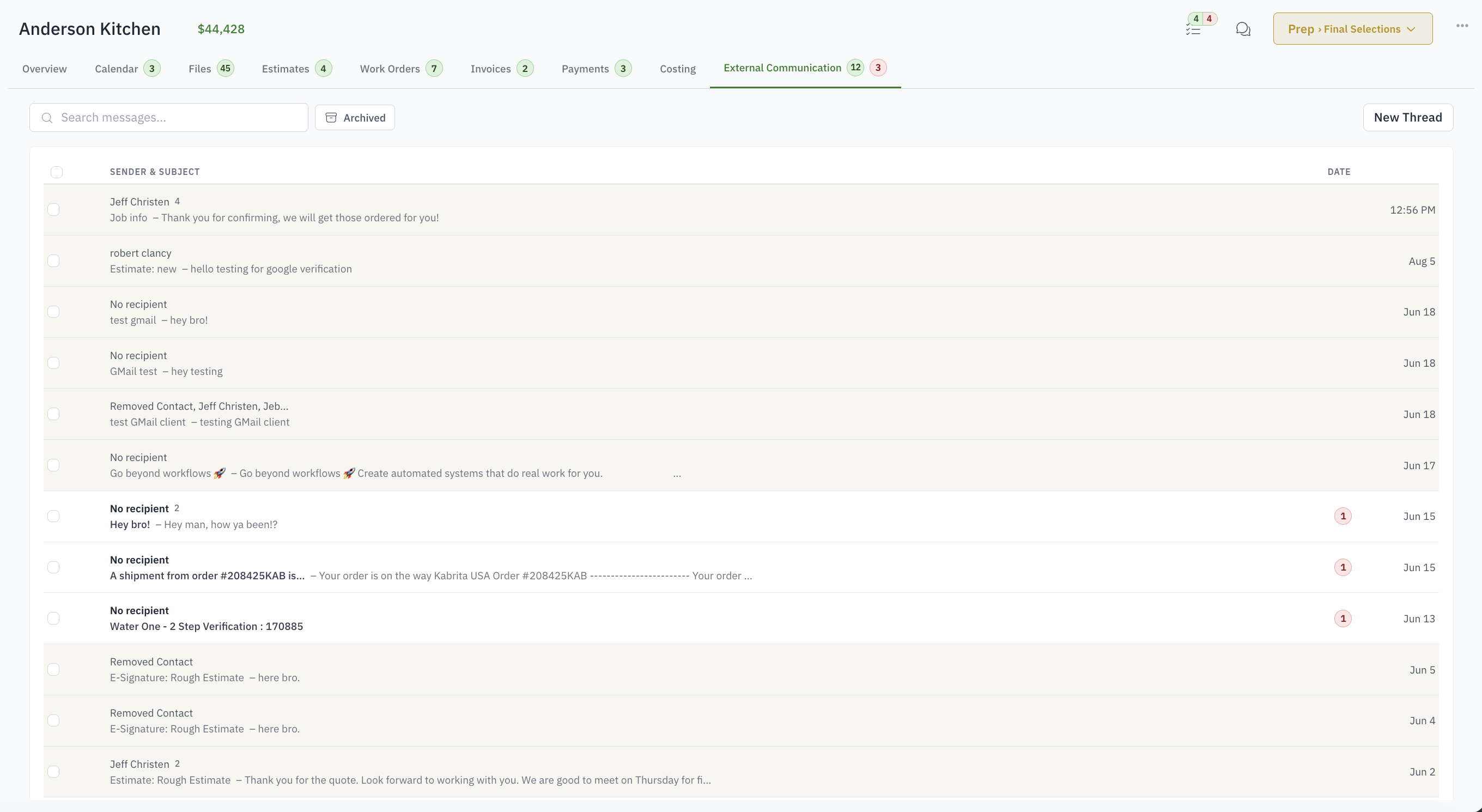 Customer email threads stored on a Woodsystems job