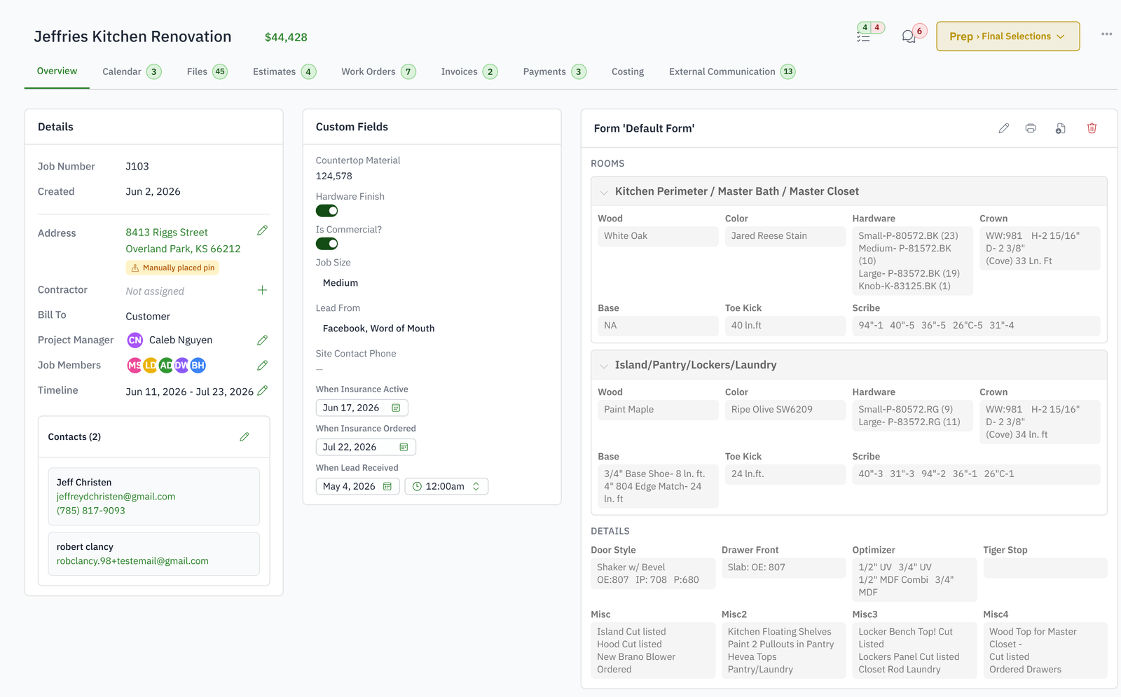 A Woodsystems job with its connected records