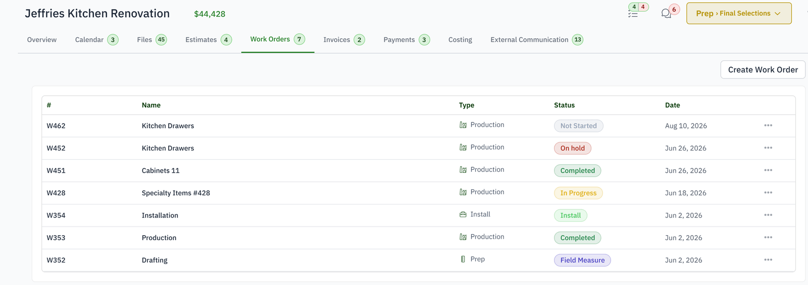 Every phase of one job as its own work order, with type, status and date.