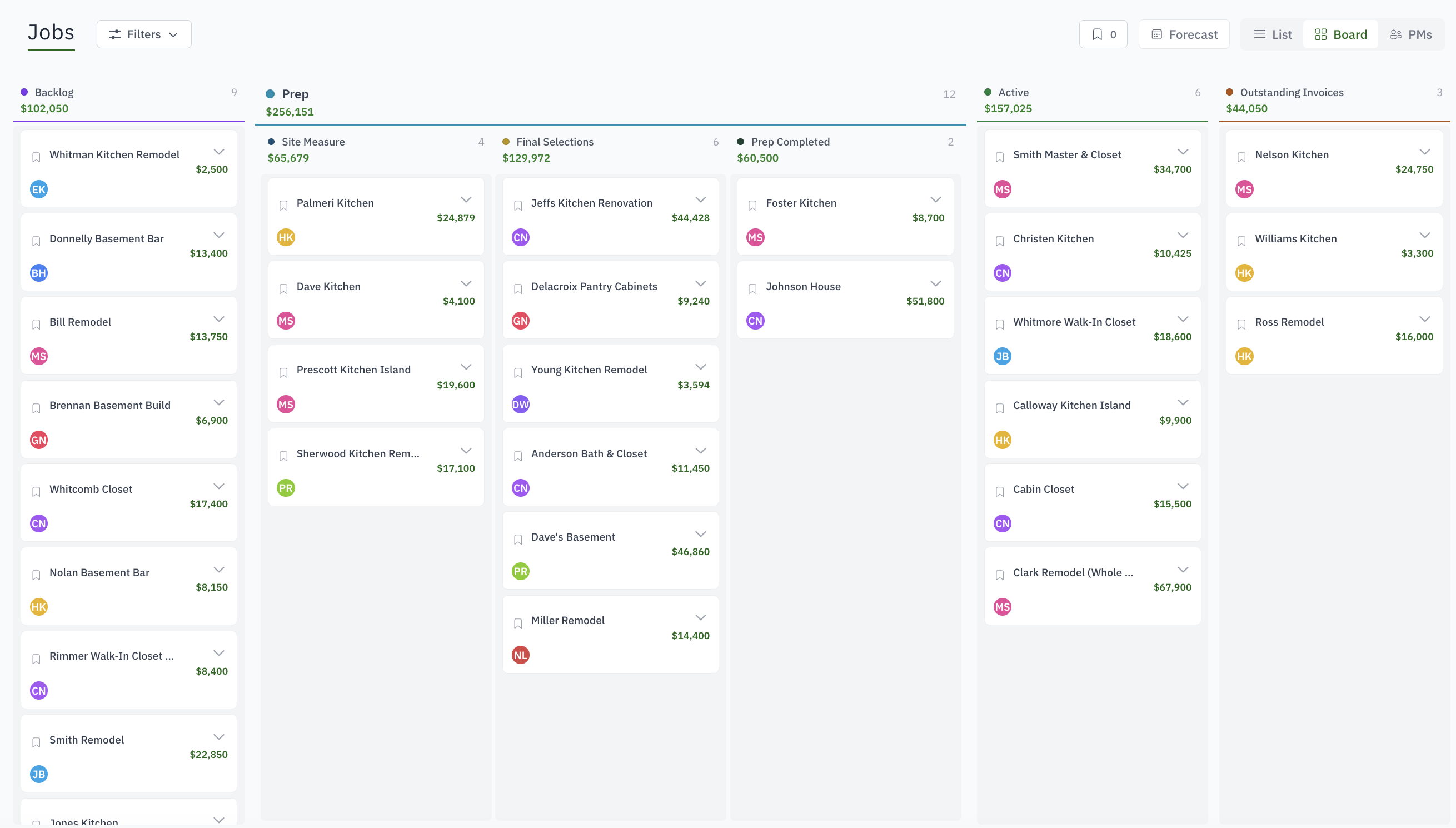 Woodsystems job board organized into custom production phases
