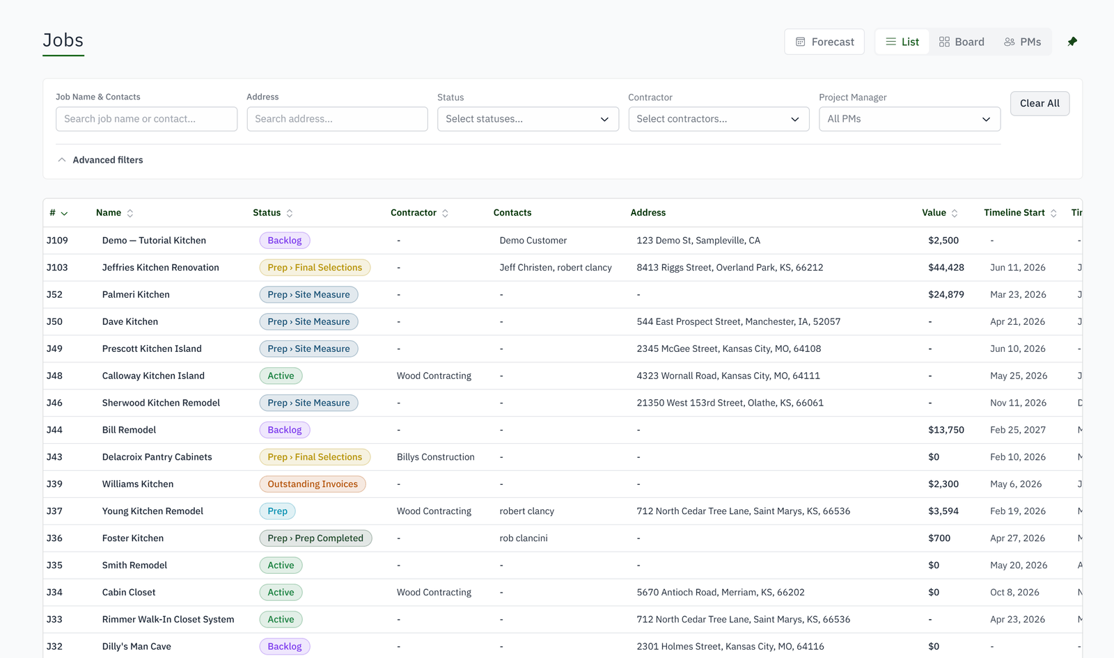 The job list with status, contractor, address, value and timeline on every row.