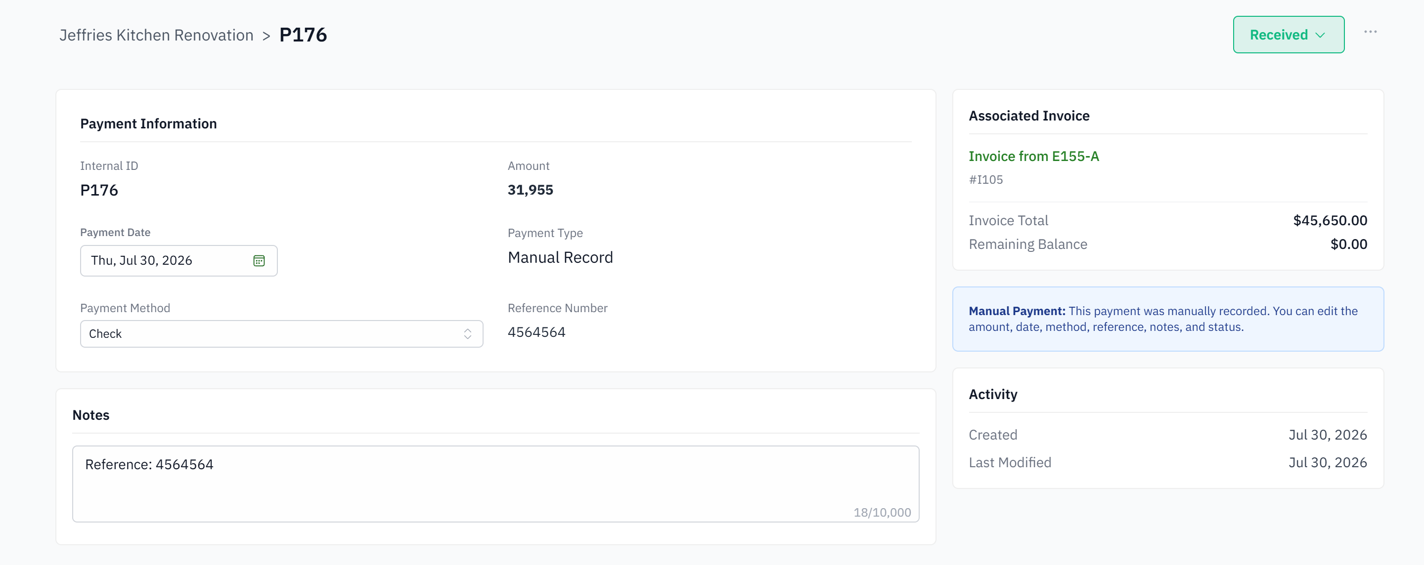 A payment: what was taken, how it was taken, and the invoice balance it settled.
