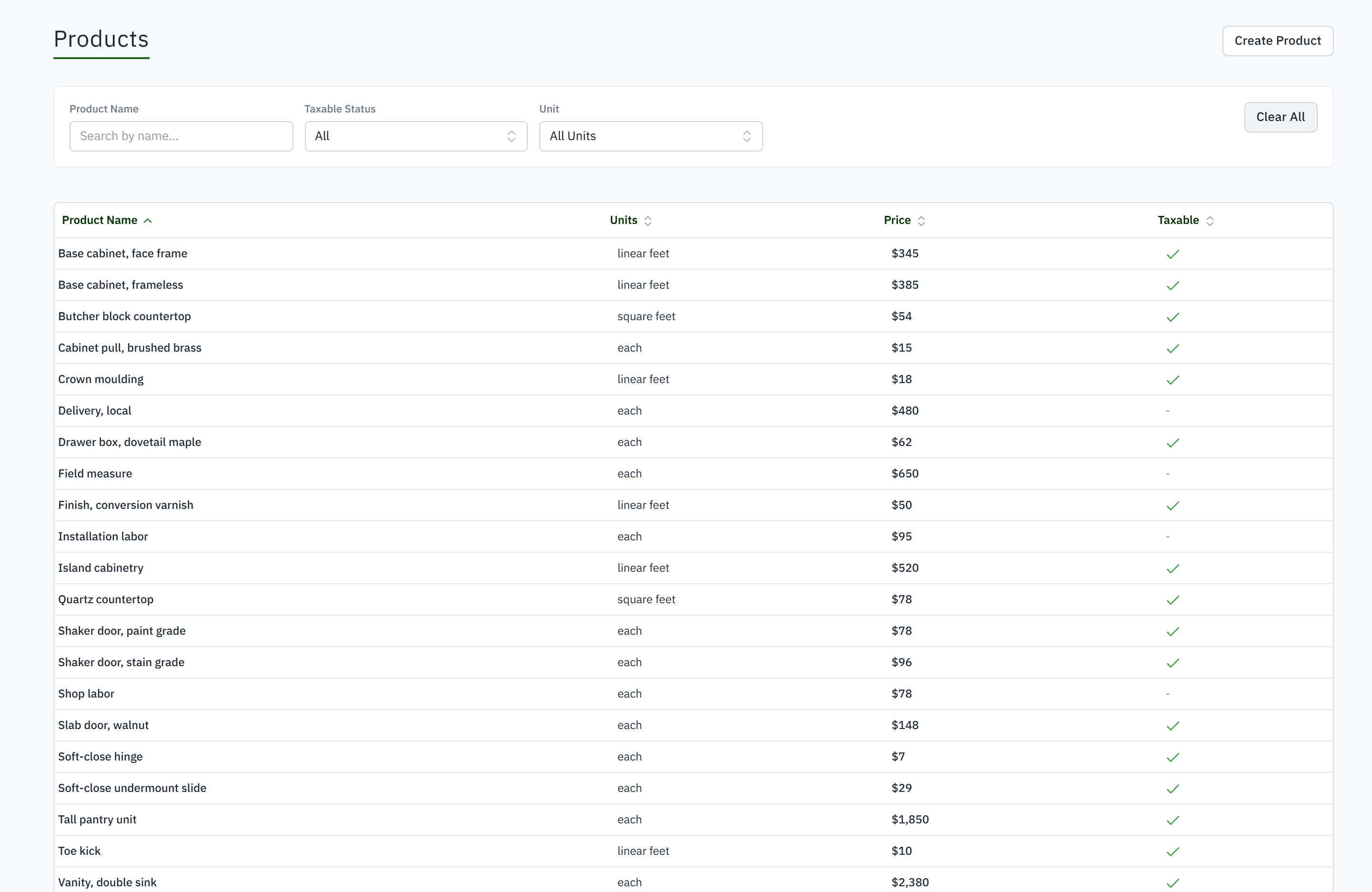 The price book: every product you sell with its unit, price and tax treatment.