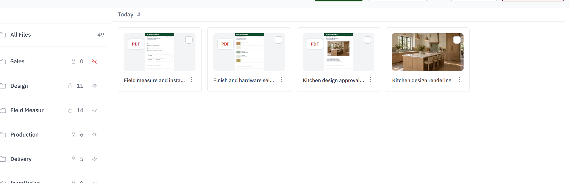 Kitchen drawing and approval documents organized in a job folder