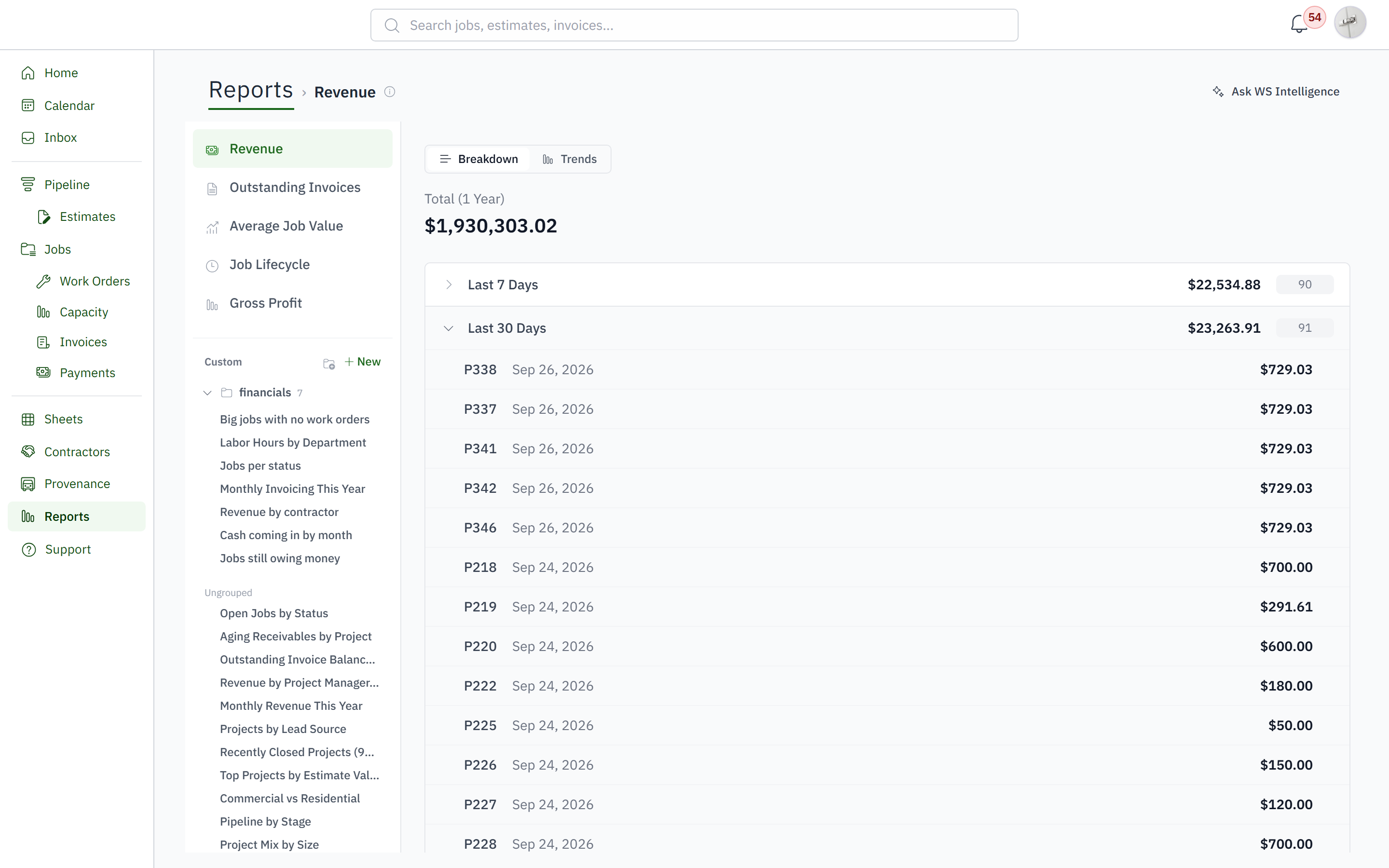 Revenue report with a populated payment breakdown