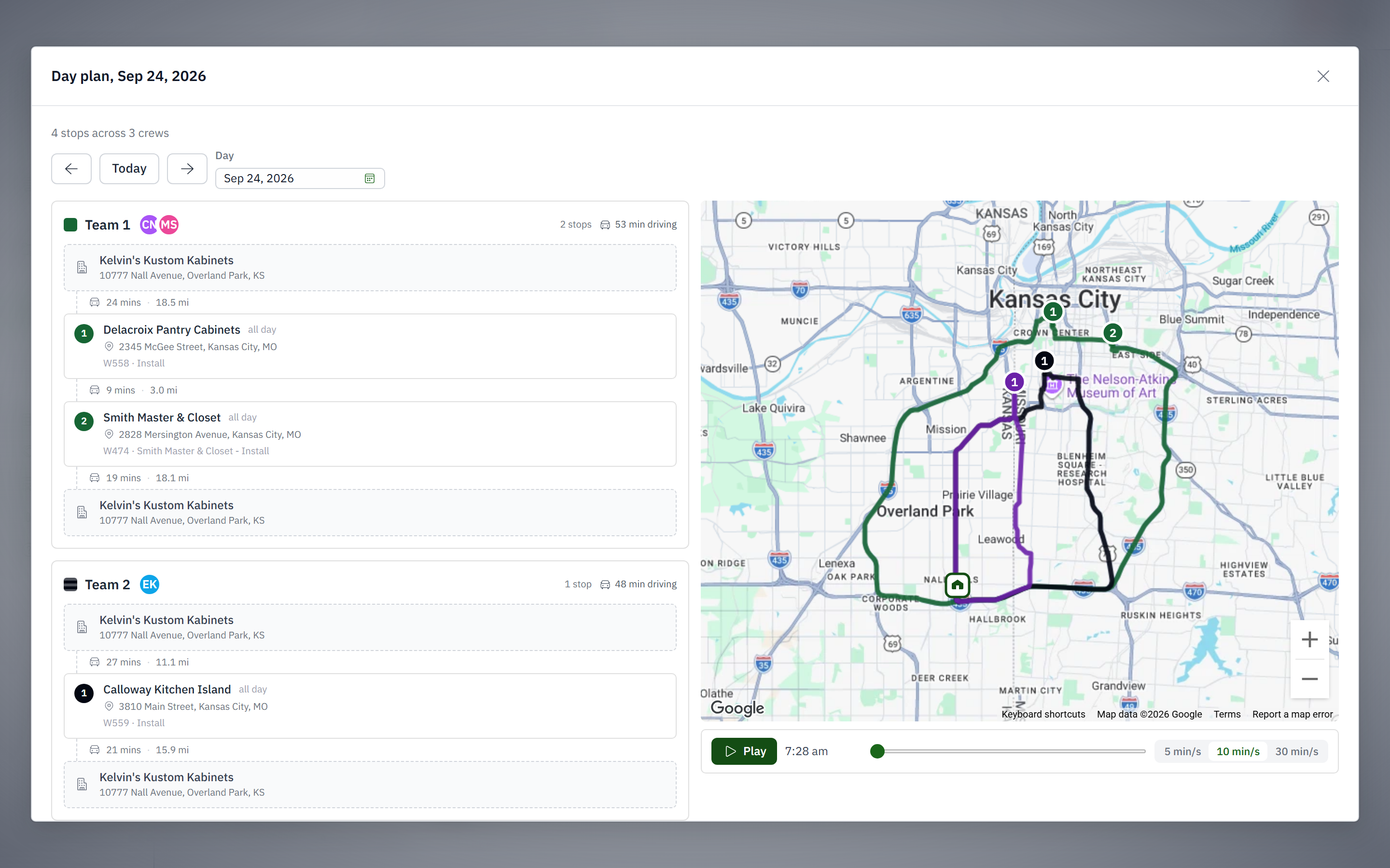 Daily install plan with crews, stops, routes, and a map