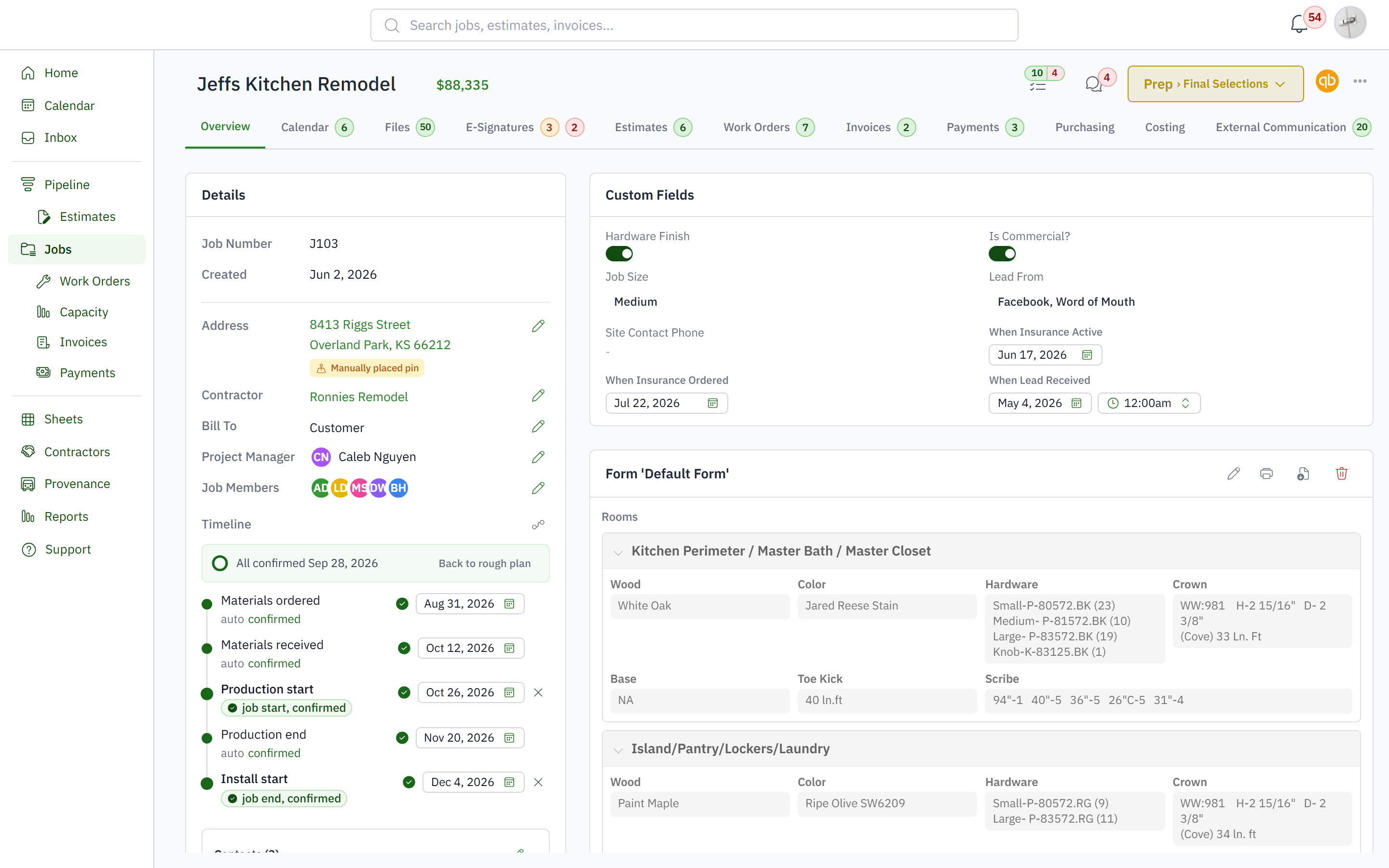 Full job overview with details, timeline, and project form