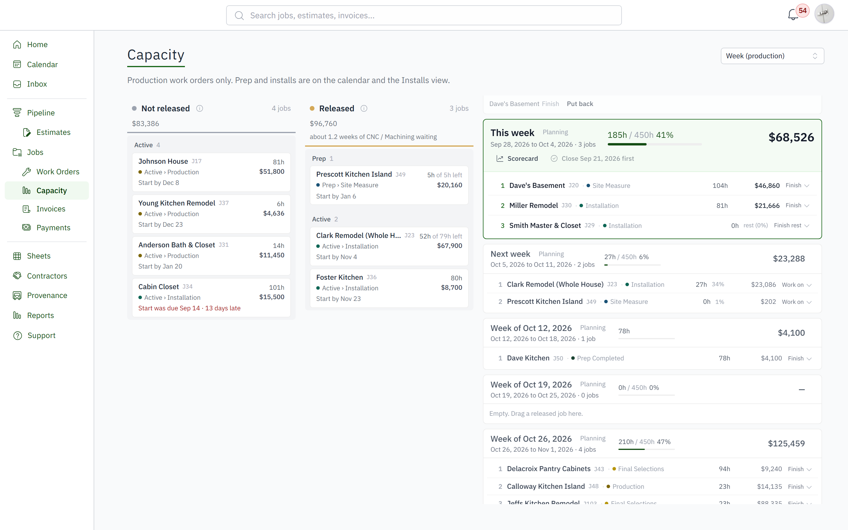 Production capacity board with released jobs and a populated weekly plan