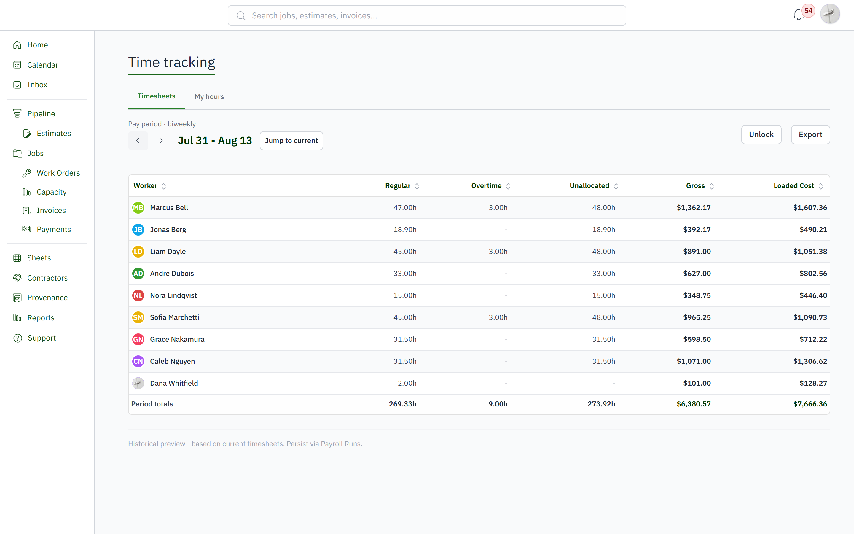 Biweekly time tracking with realistic worker hours and labor costs