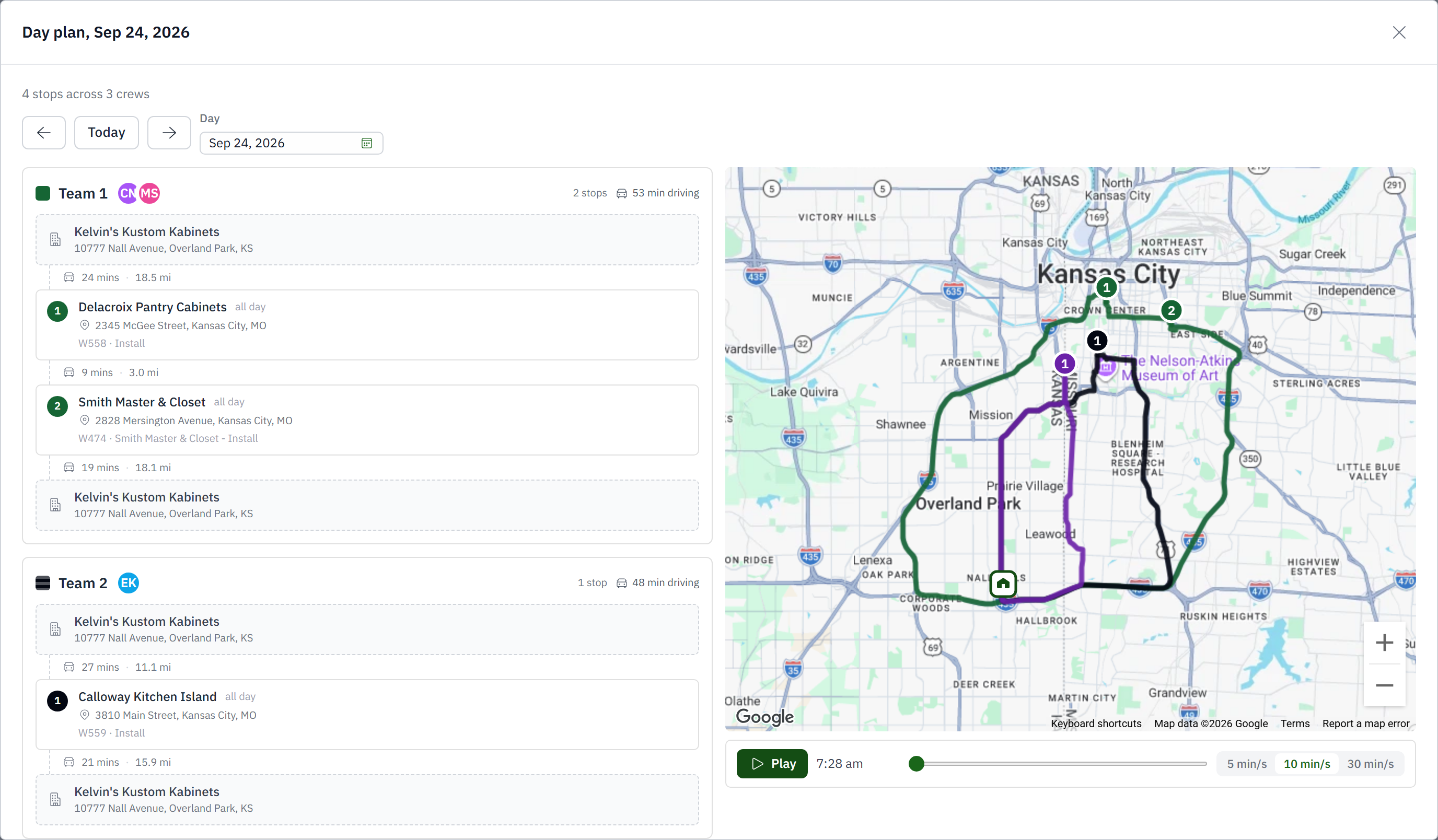Woodsystems install day plan showing four stops across three crews on a map