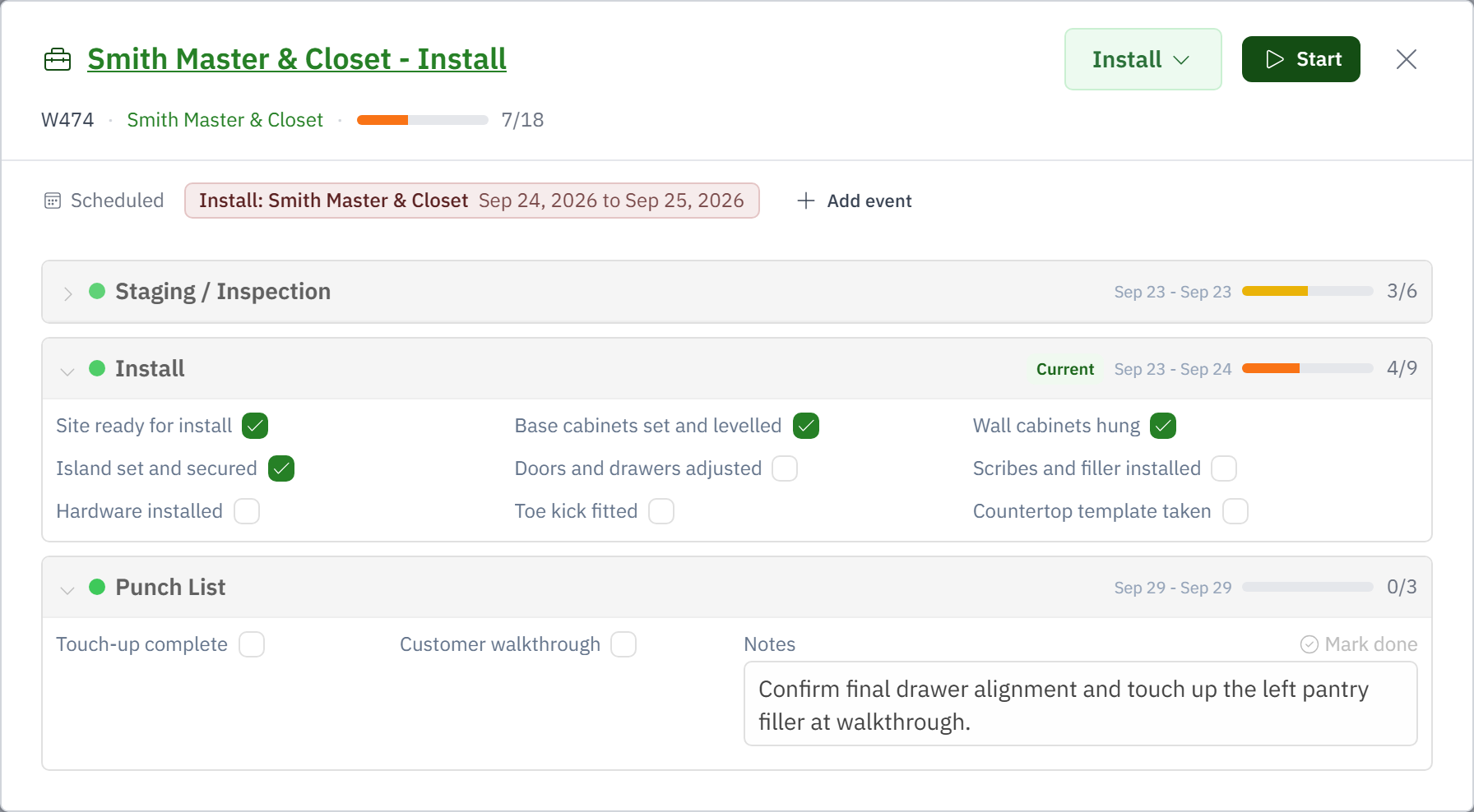 Install work order with checked tasks and a punch-list note