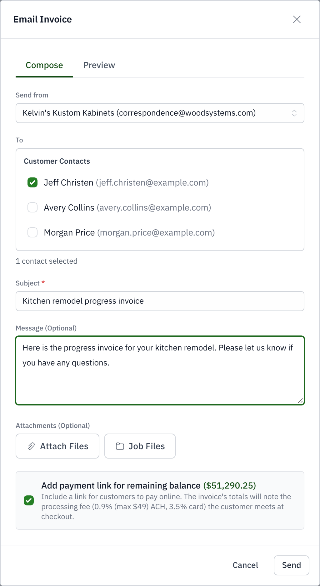 Invoice email with the payment link enabled