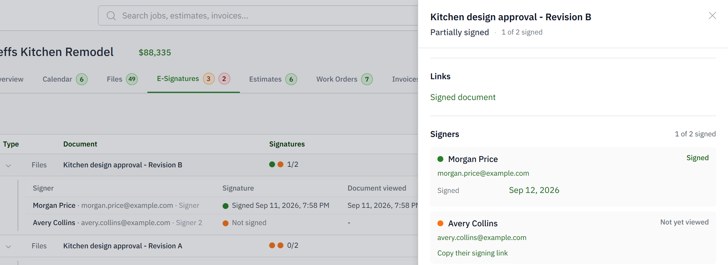 Signature request with a signed document link and two named signers